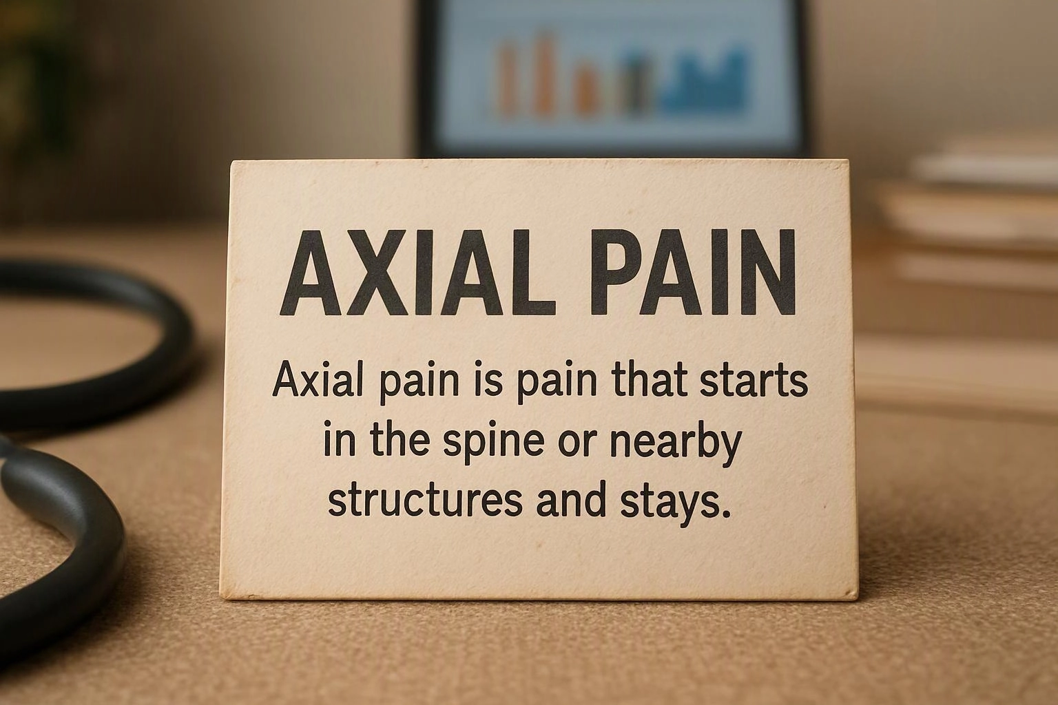 A card on a desk reads "AXIAL PAIN" with a short medical definition, beside a stethoscope