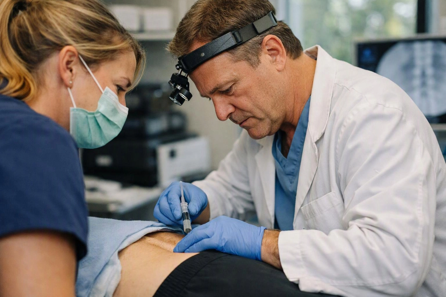 A doctor in a headlamp gives an injection while a masked nurse watches in a clinic room