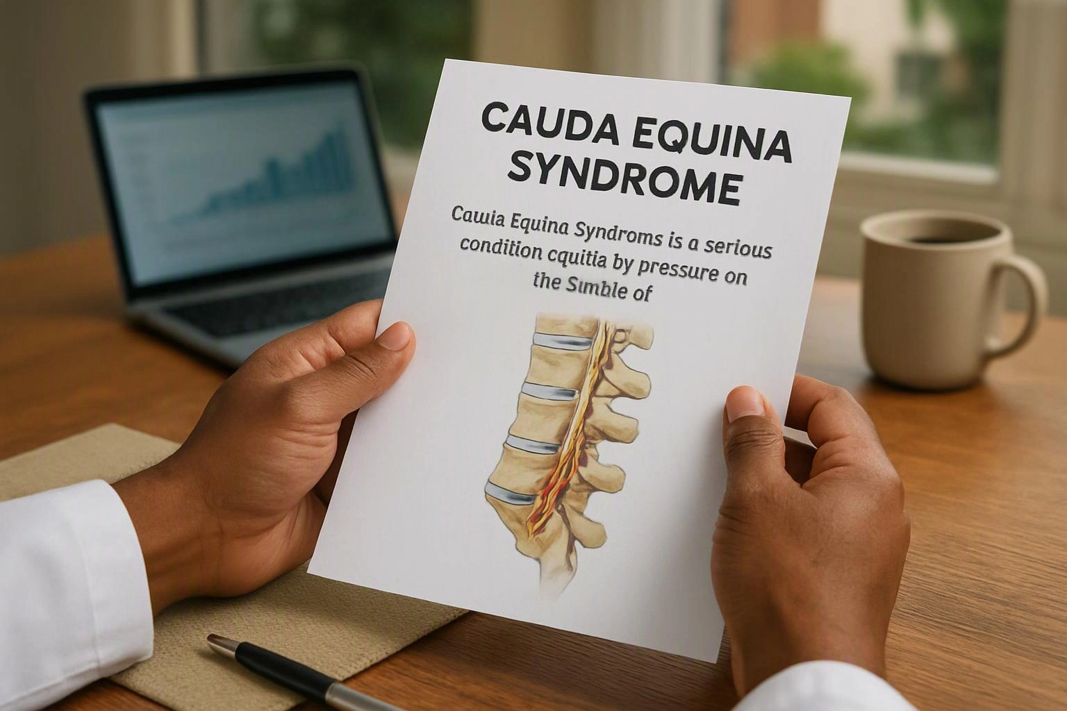 Hands hold a medical flyer about cauda equina syndrome beside a laptop and coffee mug on a desk