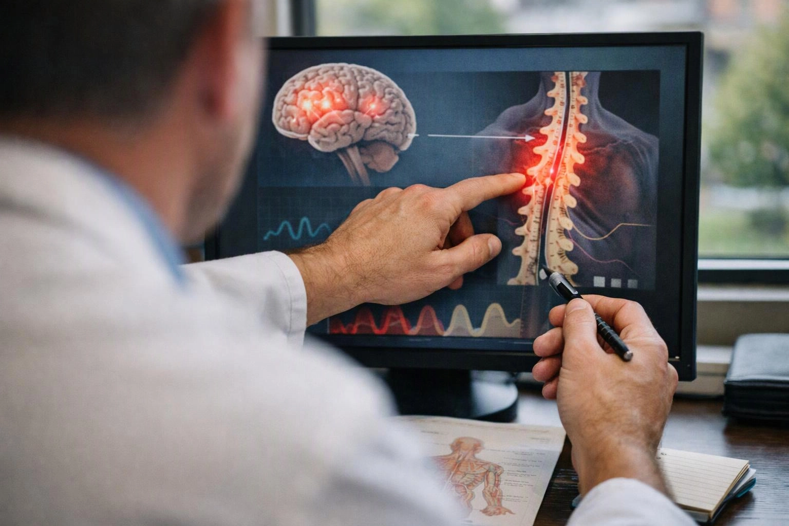 A doctor points at a spine diagram on a monitor while holding a pen at a desk