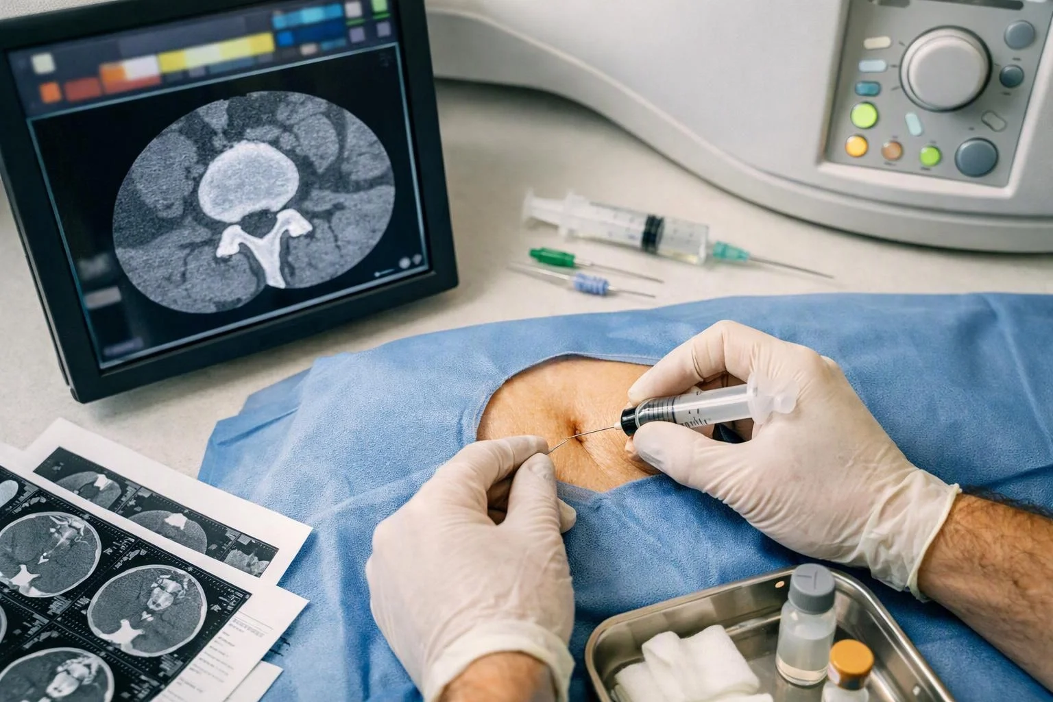 Gloved hands inject a patient’s skin beside imaging scans and medical tools on a procedure table
