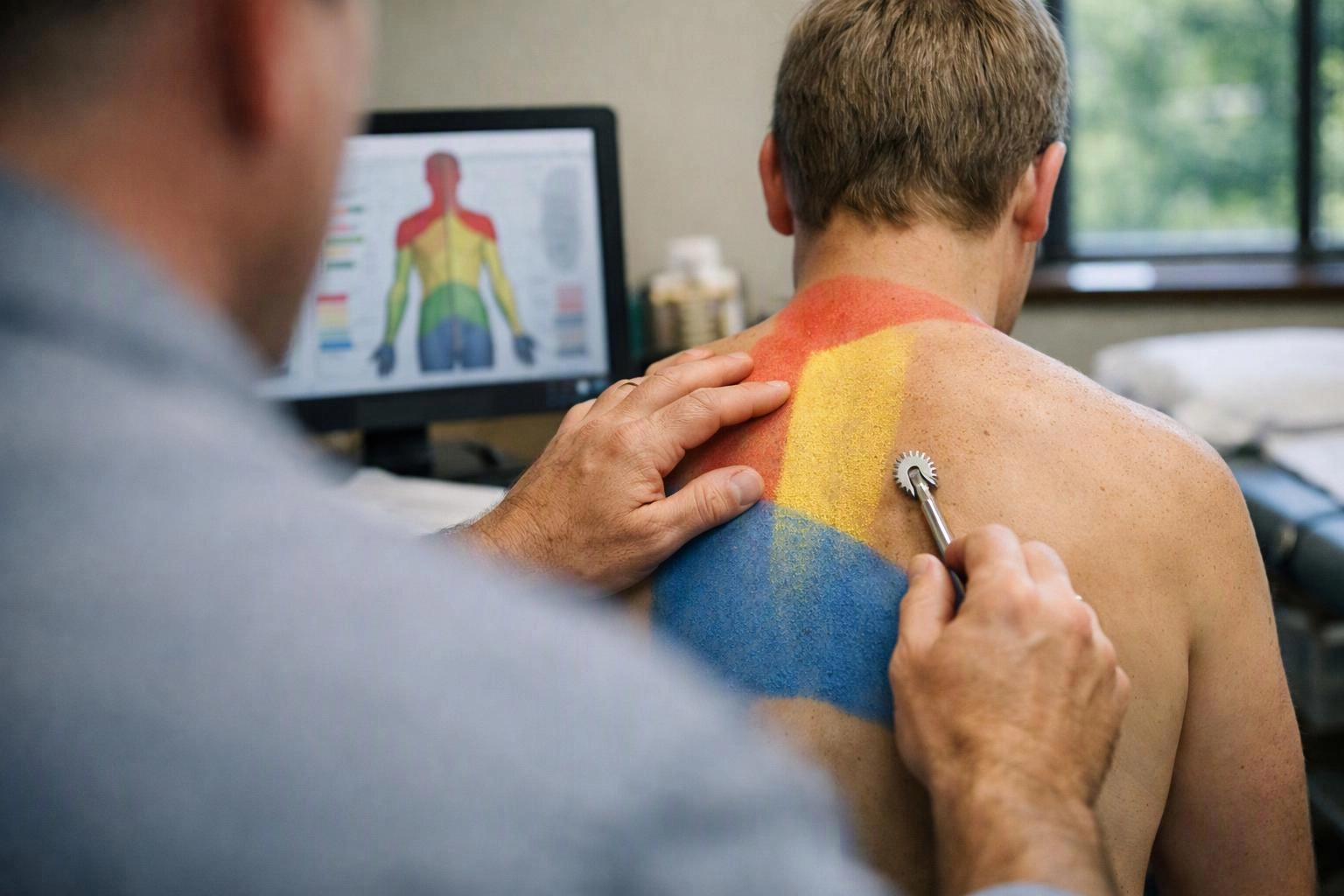 A therapist examines a man’s painted upper back while a monitor shows a body diagram in a clinic