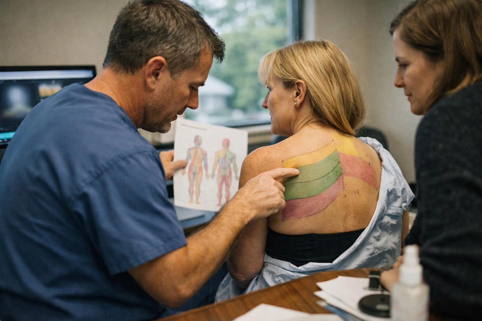 A doctor points to colored tape on a woman's back while showing a body chart in a clinic room