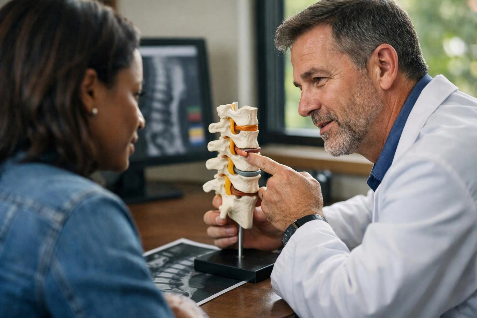 A doctor points to a spine model while speaking with a patient in an exam room