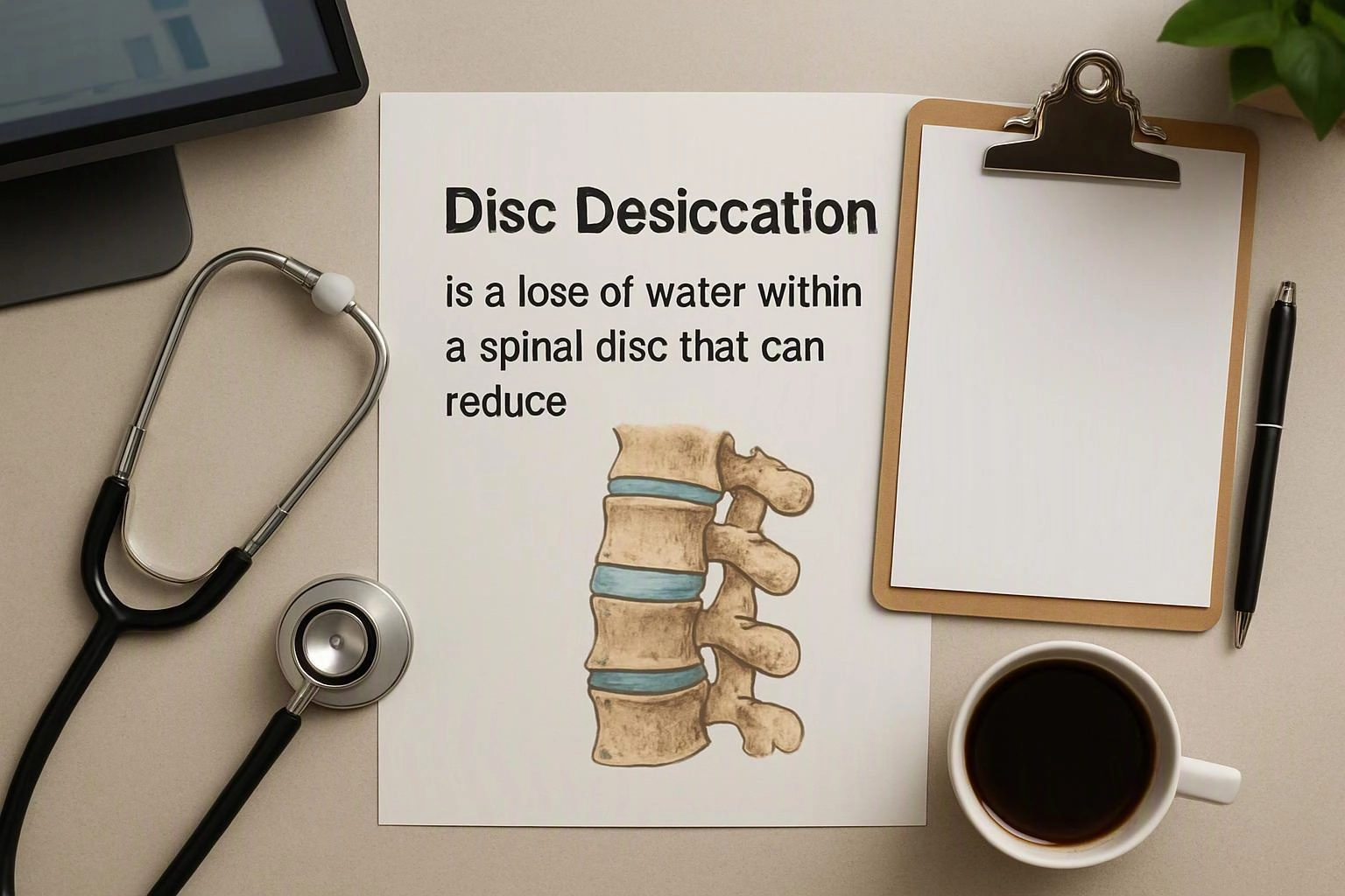 A medical desk flat lay shows a stethoscope, paper with a spine diagram and text, clipboard, pen, and coffee cup