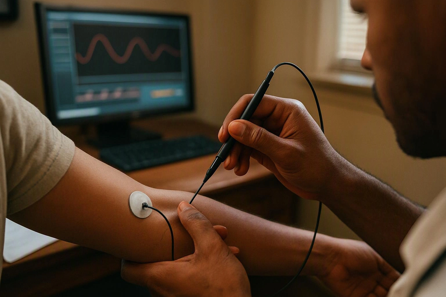 A clinician tests a person’s arm with a wired sensor while a waveform shows on a computer screen