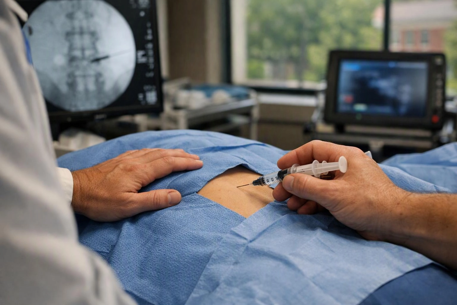 A medical worker holds a syringe near a patient’s exposed abdomen in a procedure room