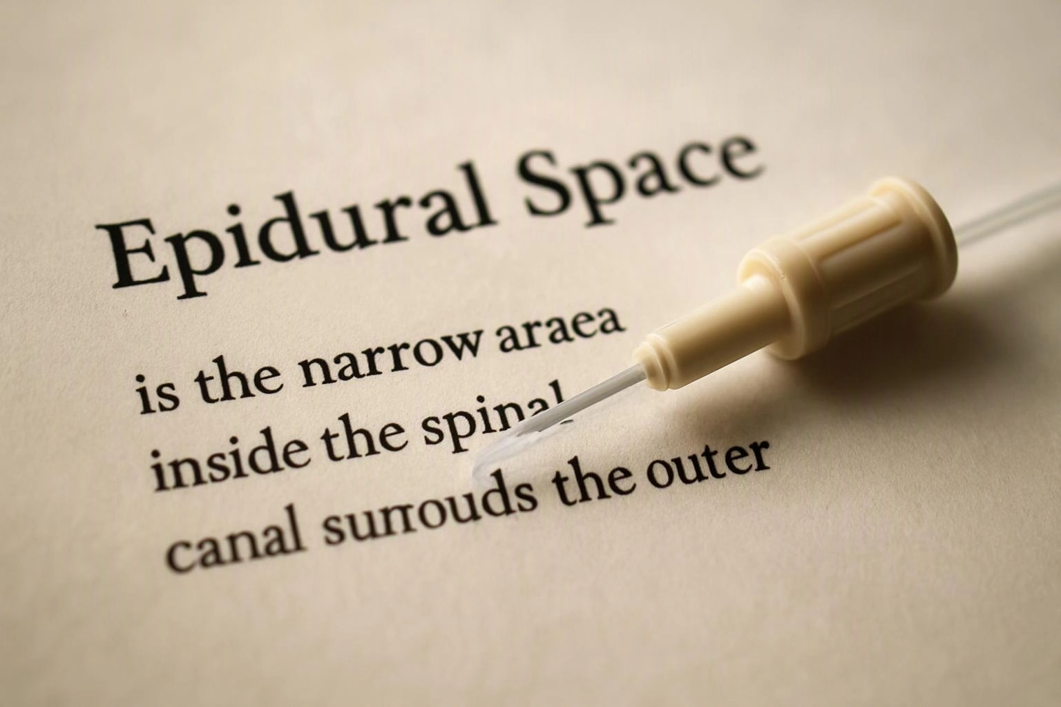 A syringe tip points at printed medical text about the epidural space on a page