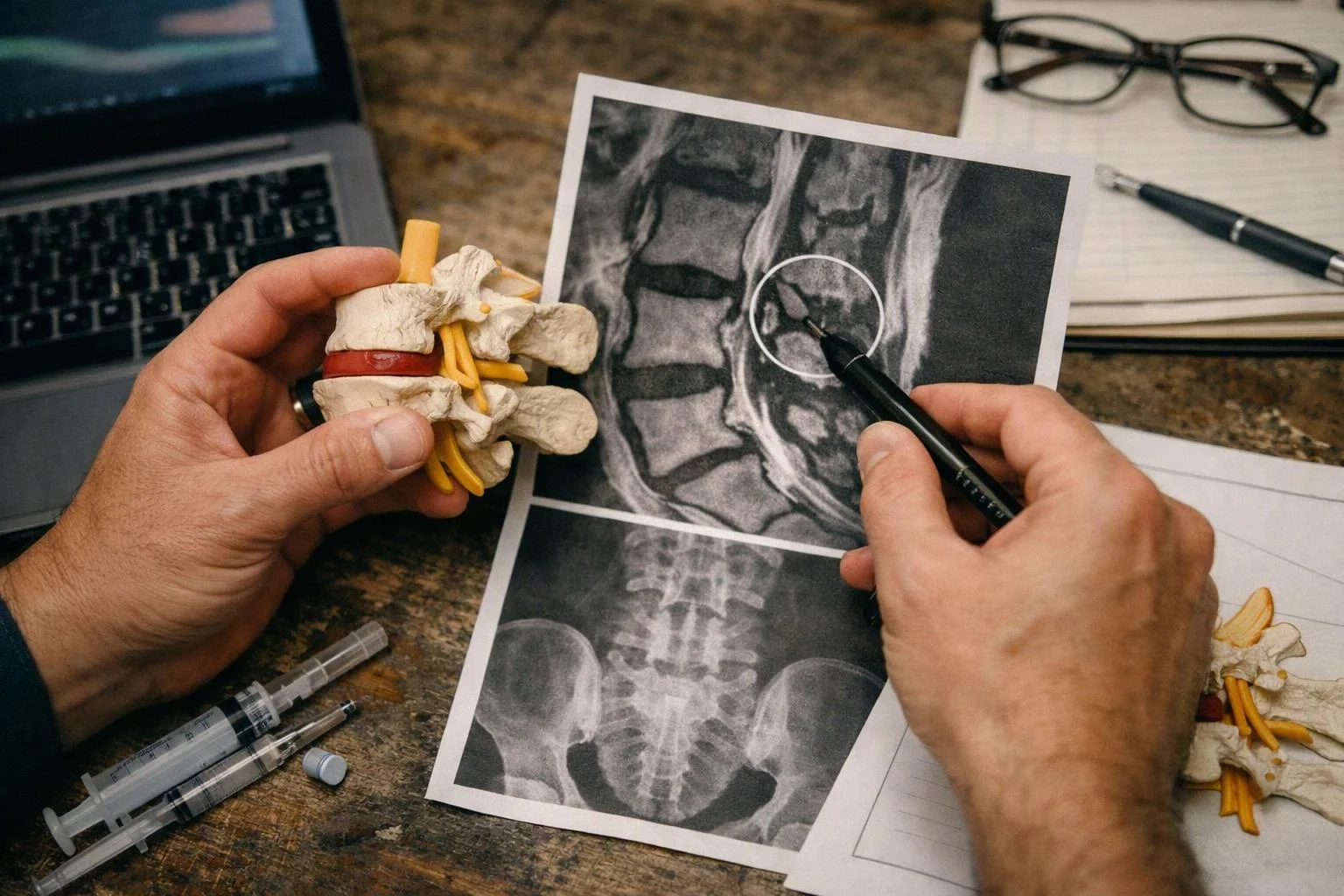 Hands point at a spine MRI and model on a desk with syringes, notebook, pen, and glasses