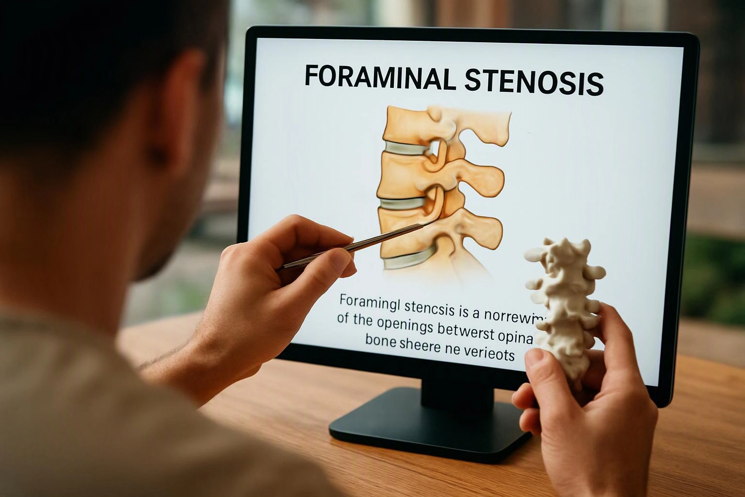 A person points at a spine diagram on a monitor while holding a small vertebra model at a desk