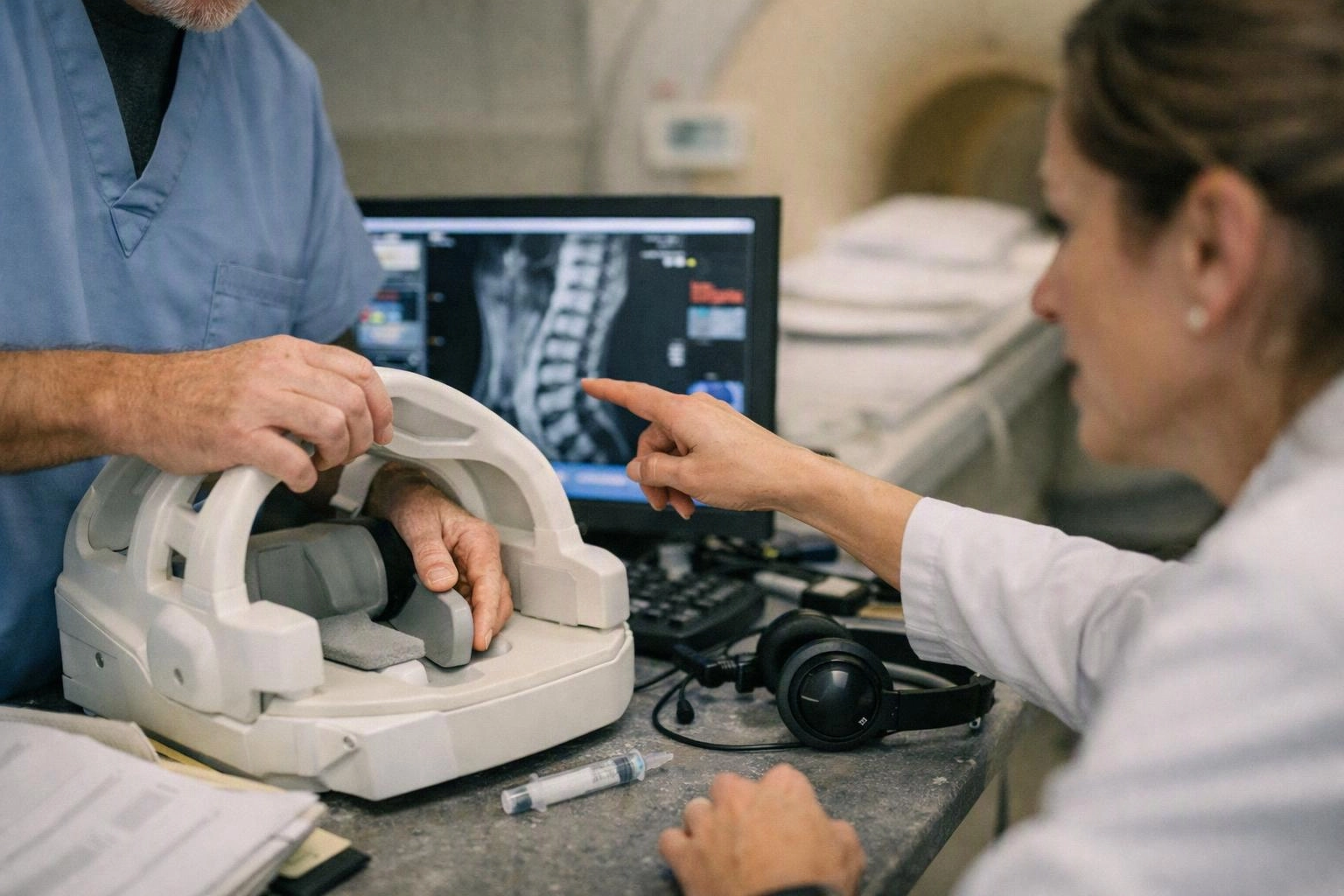 A doctor in scrubs and a woman in a white coat examine a medical device beside a spine scan on a monitor
