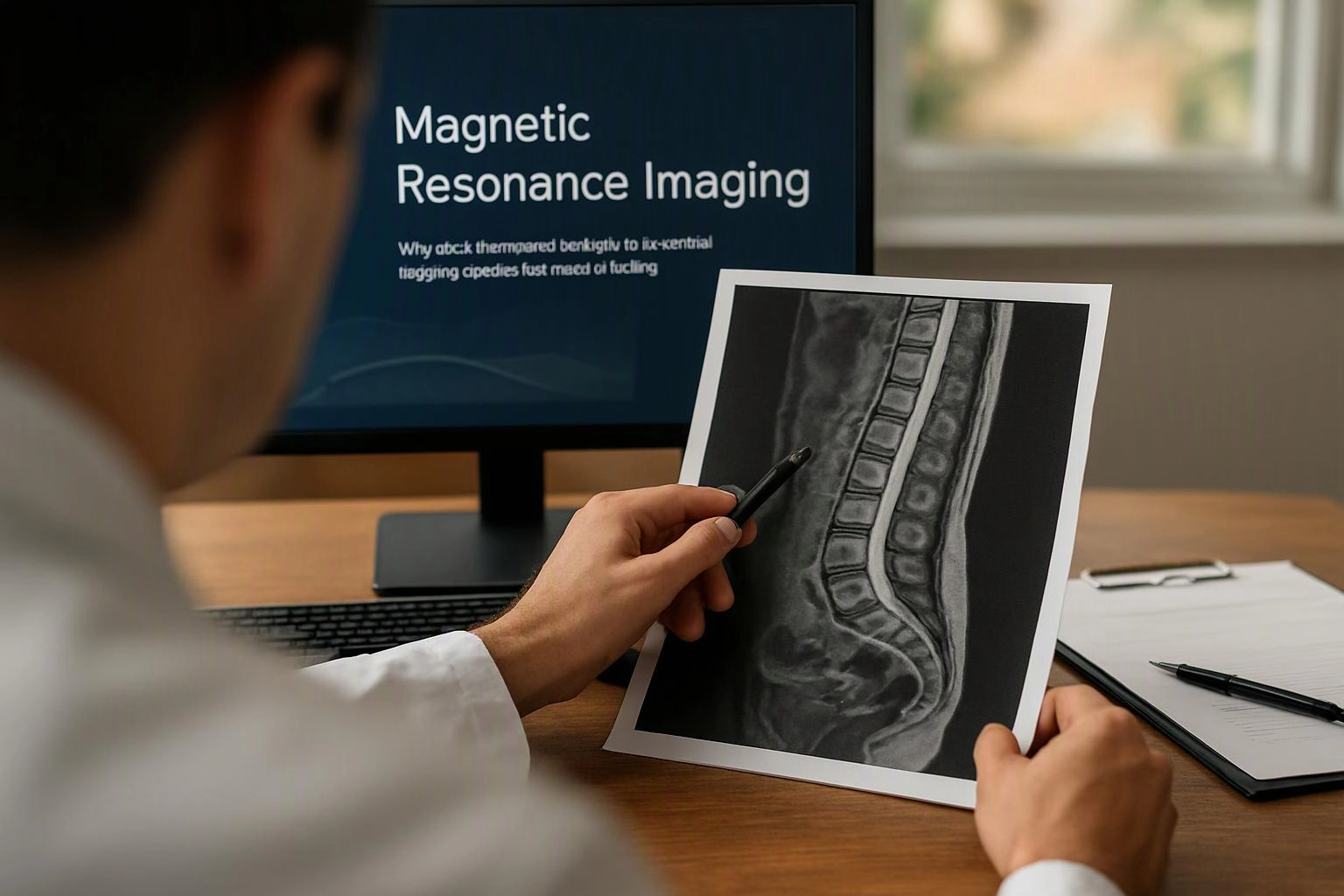 A person in a white coat points at a spine scan beside a monitor reading Magnetic Resonance Imaging