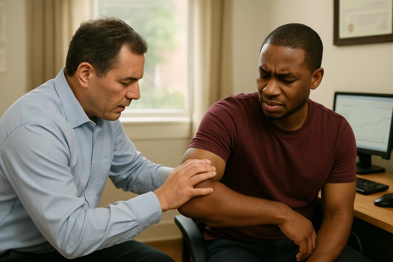 Two men sit in an office, one gently touches the other’s arm while he grimaces in pain