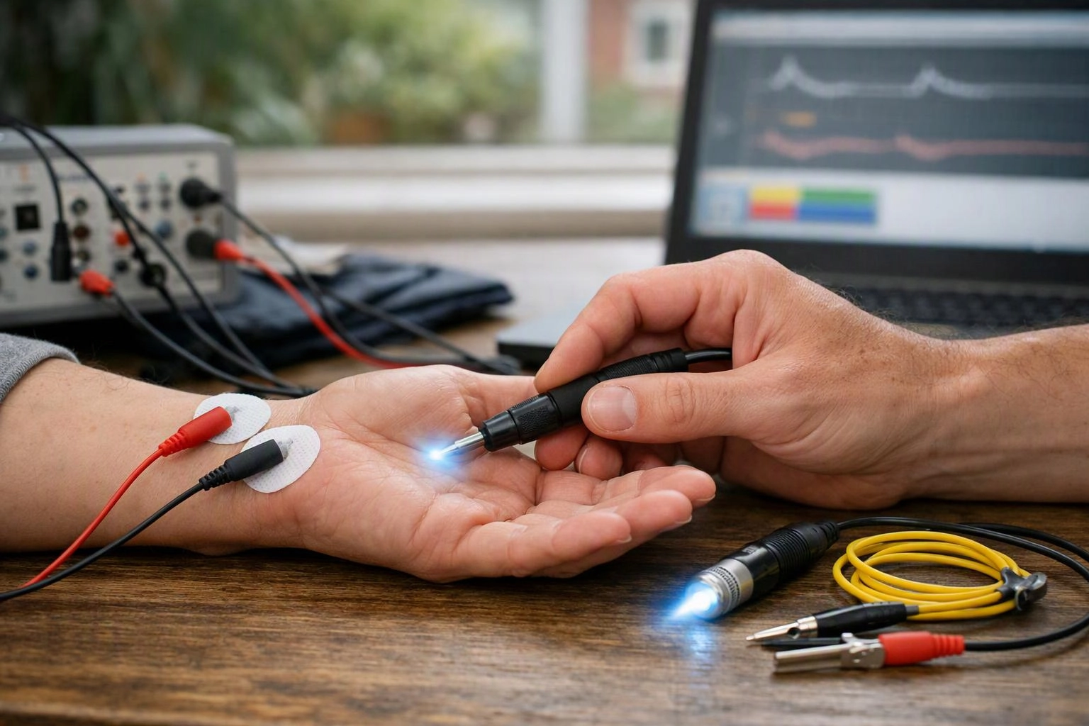A technician holds a glowing probe to a person’s palm beside monitoring cables and a laptop