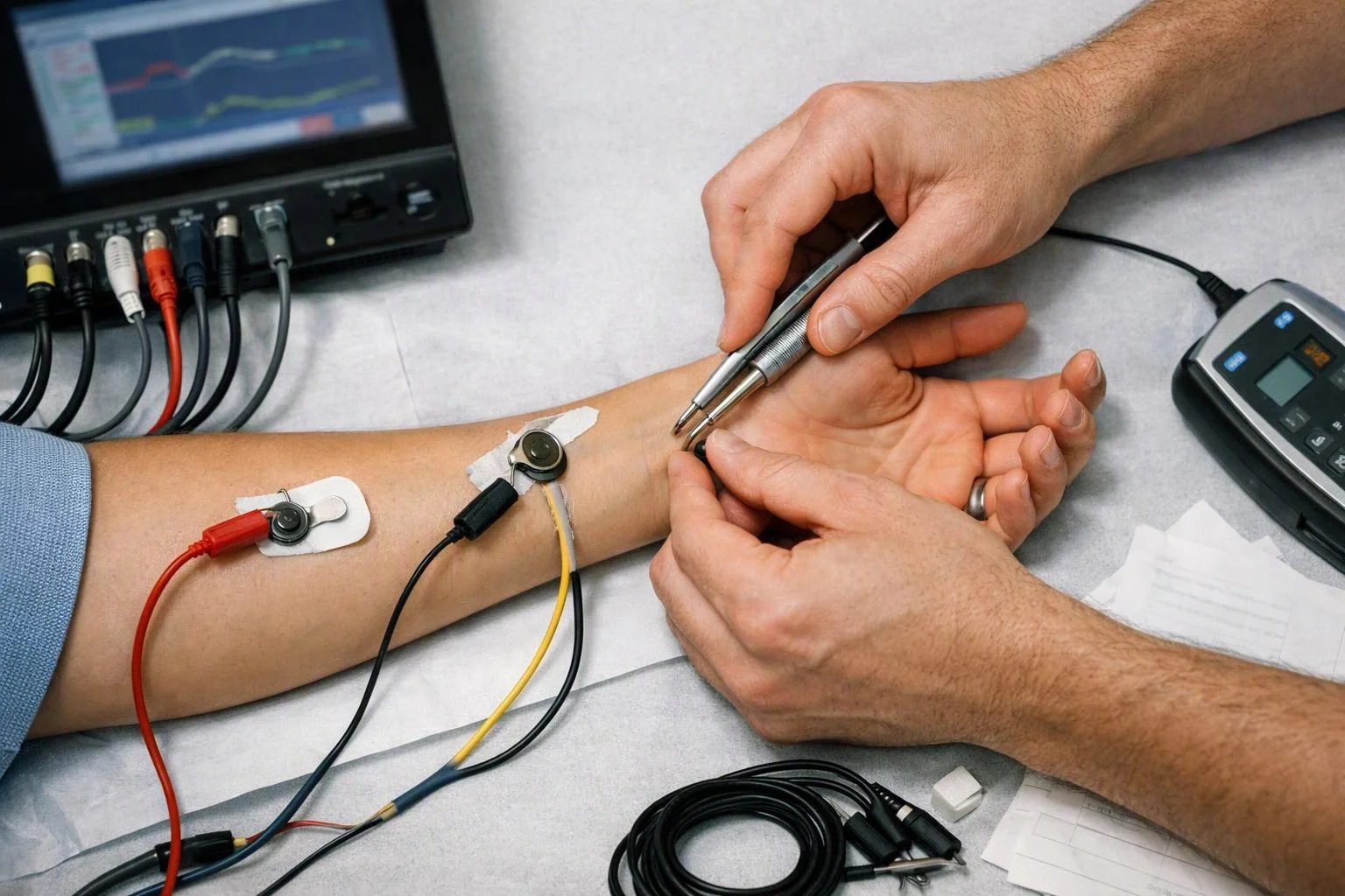 A clinician attaches test leads to a patient’s forearm during a medical procedure on a hospital bed