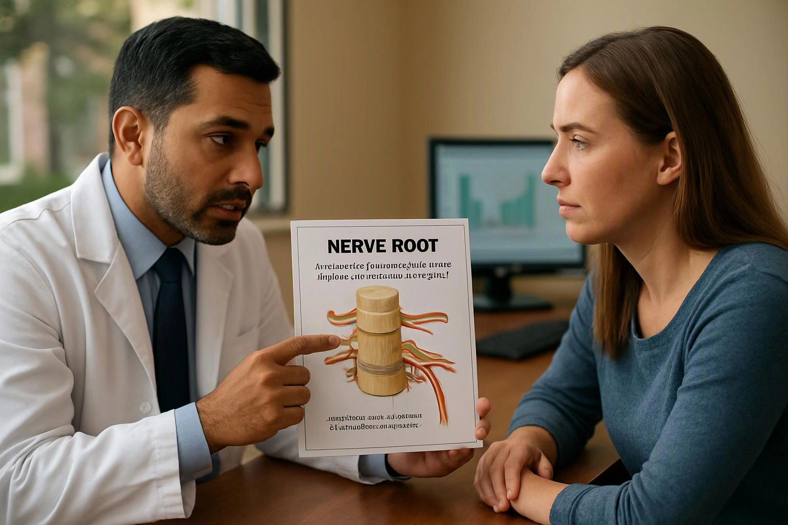 A doctor points to a nerve diagram while speaking with a woman across a desk in a medical office