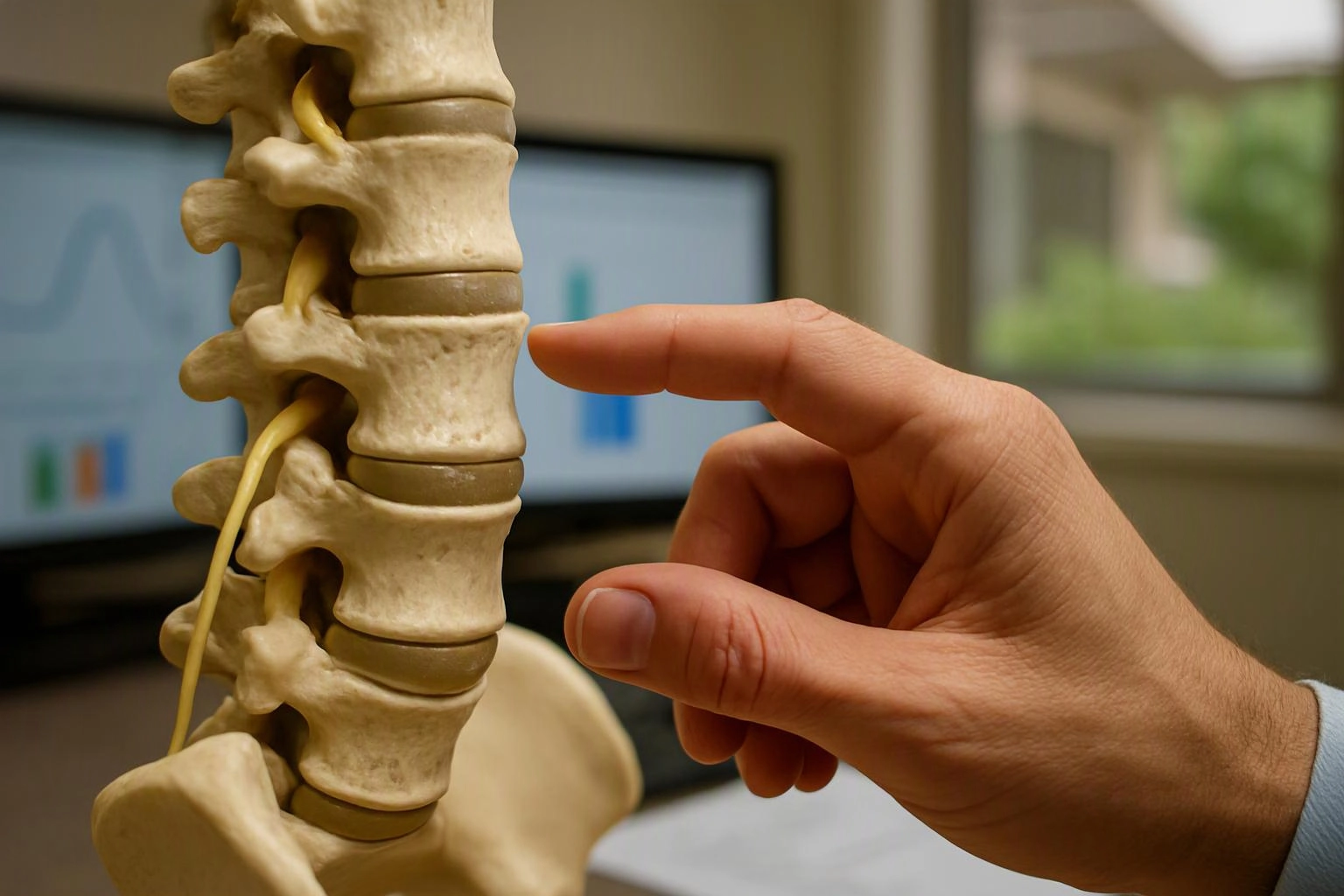 A hand points at a spine model with vertebrae and yellow nerves in a medical office setting