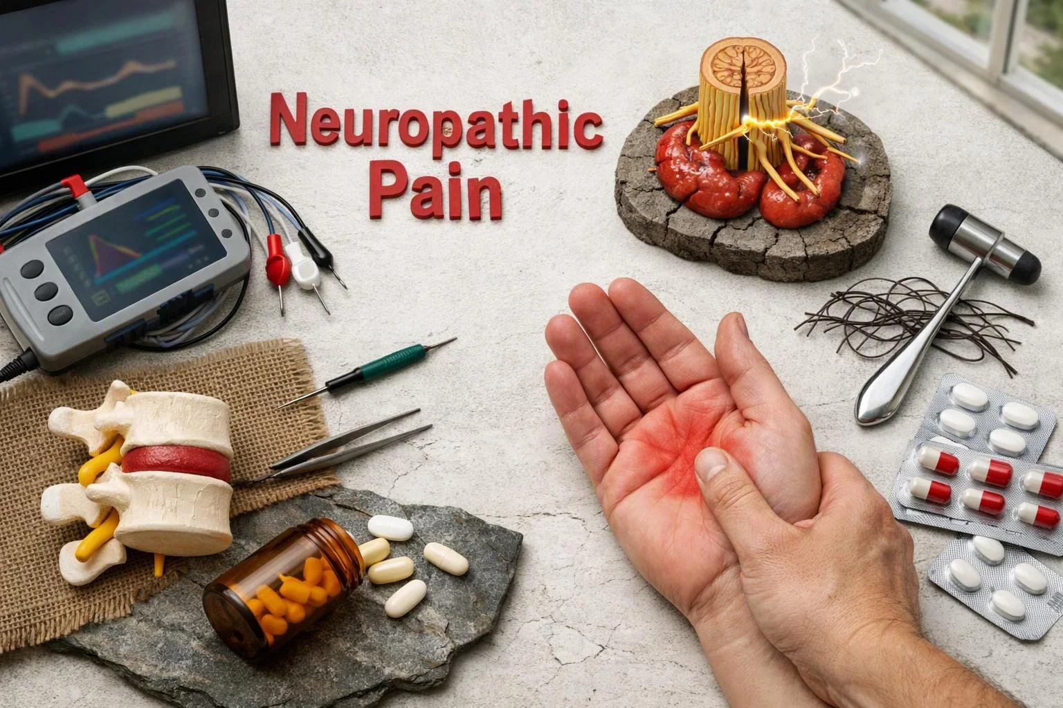A hand presses a painful palm beside medical tools, pills, and the words "Neuropathic Pain"