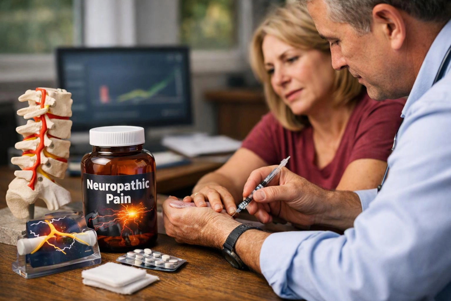 A doctor injects a patient’s hand at a desk, with spine models, pills, and a neuropathic pain bottle nearby
