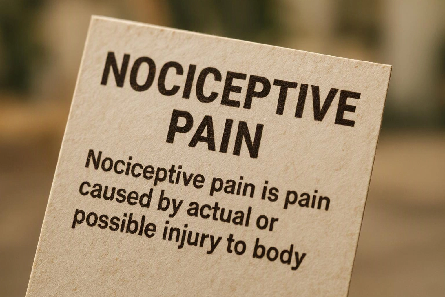A tilted card shows the bold heading “NOCICEPTIVE PAIN” with a short explanatory sentence beneath it