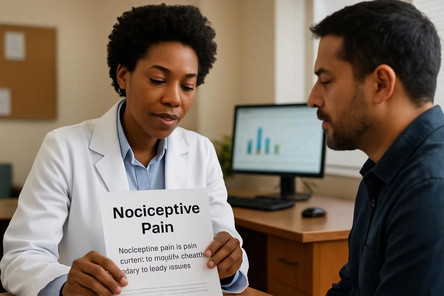 A doctor in a white coat shows a pain information sheet to a seated man in a clinic office