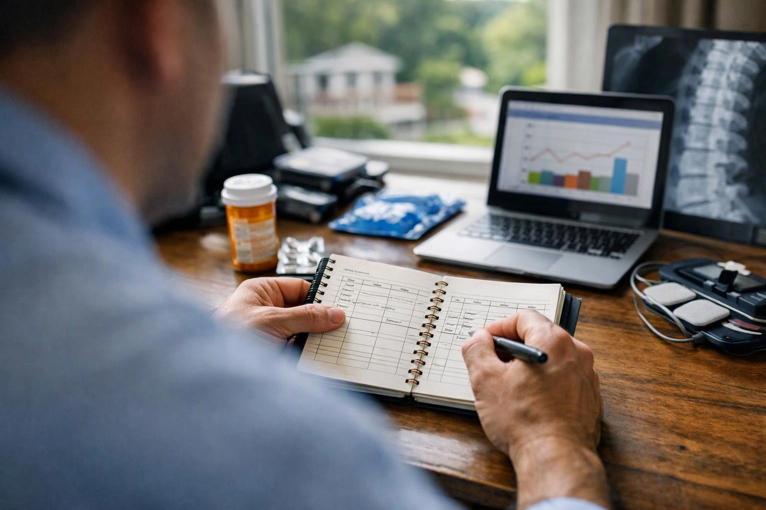 A man writes in a spiral notebook at a desk beside a laptop with charts and medical images