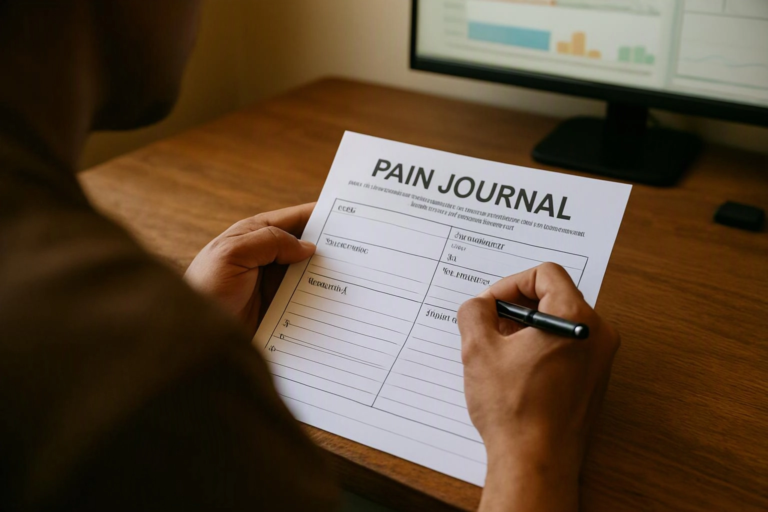 A person writes on a pain journal form at a wooden desk beside a computer monitor
