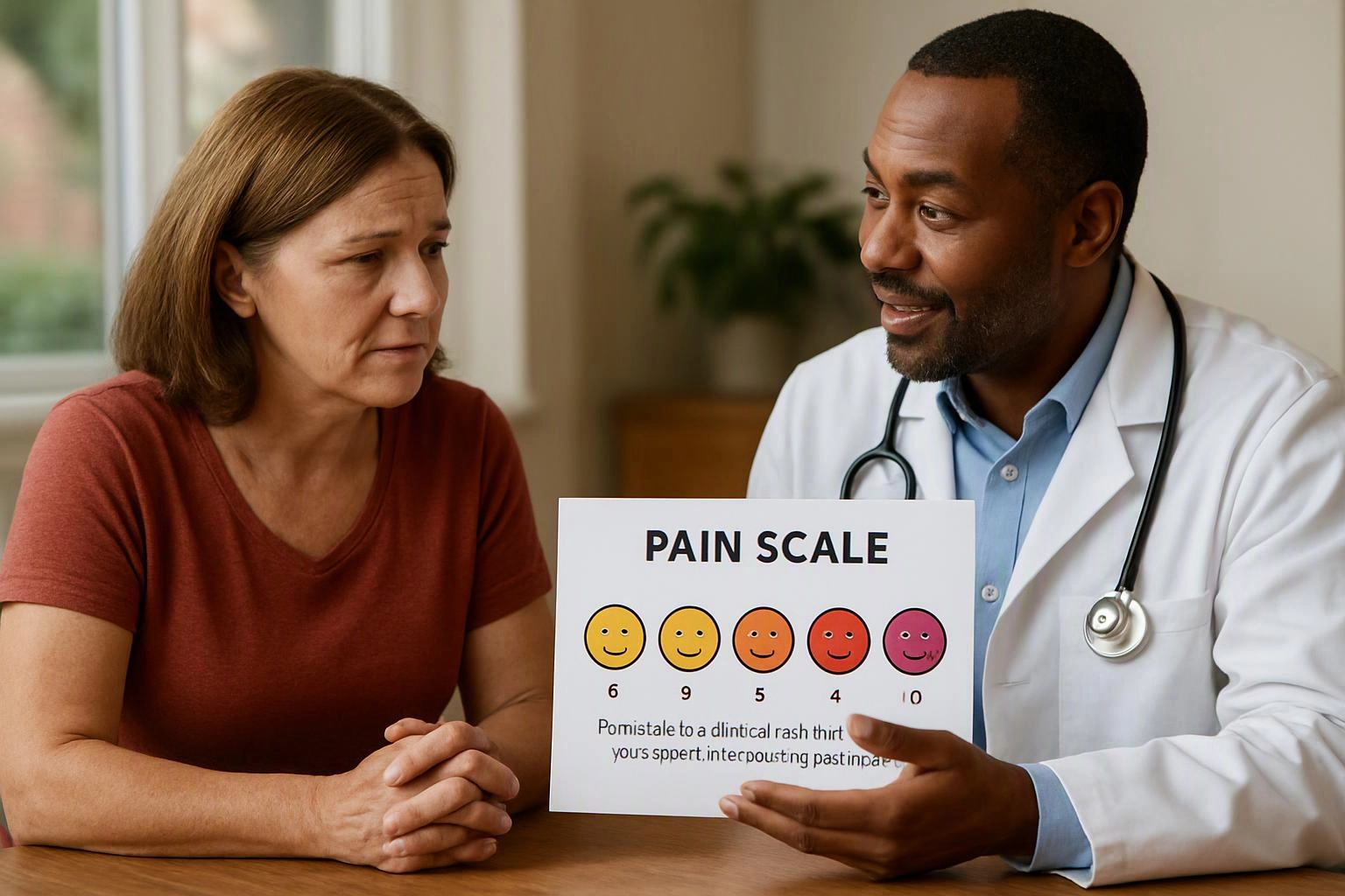 A doctor shows a pain scale chart to a worried woman at a table