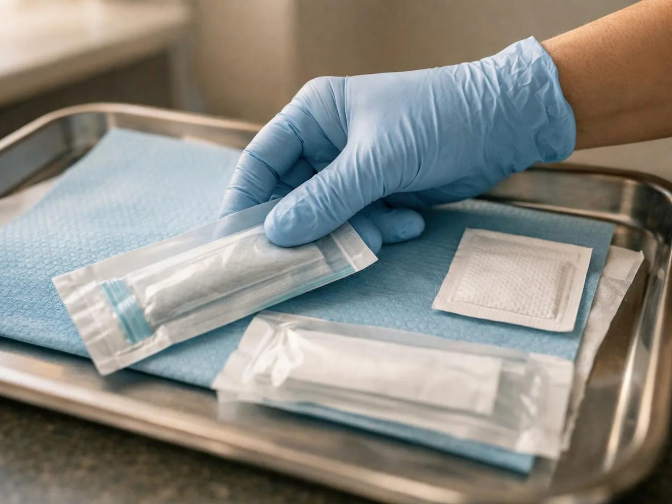 A gloved hand arranges sealed medical packets on a stainless steel tray with a blue pad