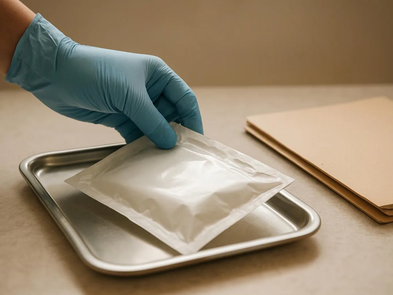 A gloved hand places a sealed white pouch on a metal tray beside stacked folders