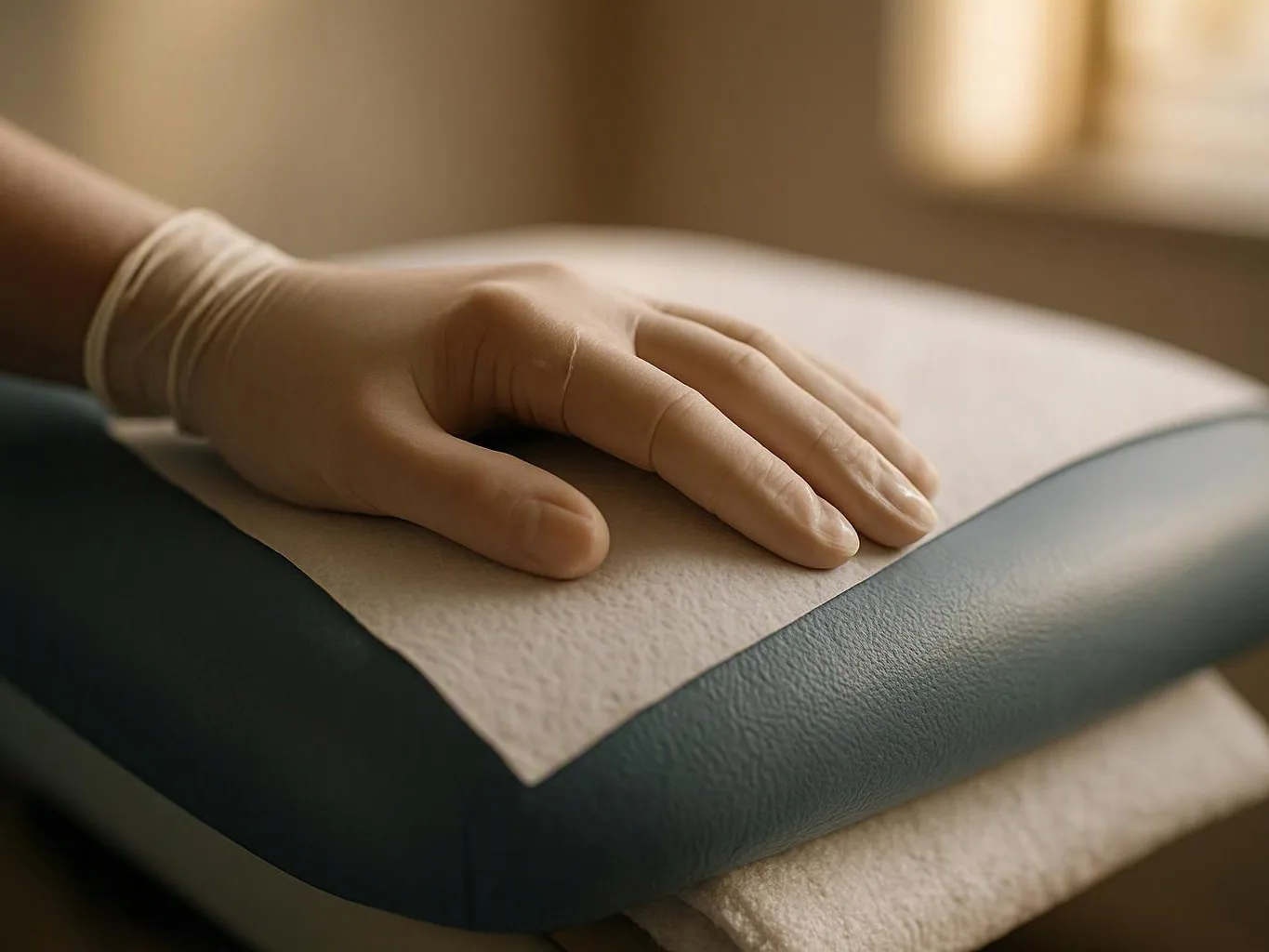A gloved hand rests on a padded medical chair in a softly lit room
