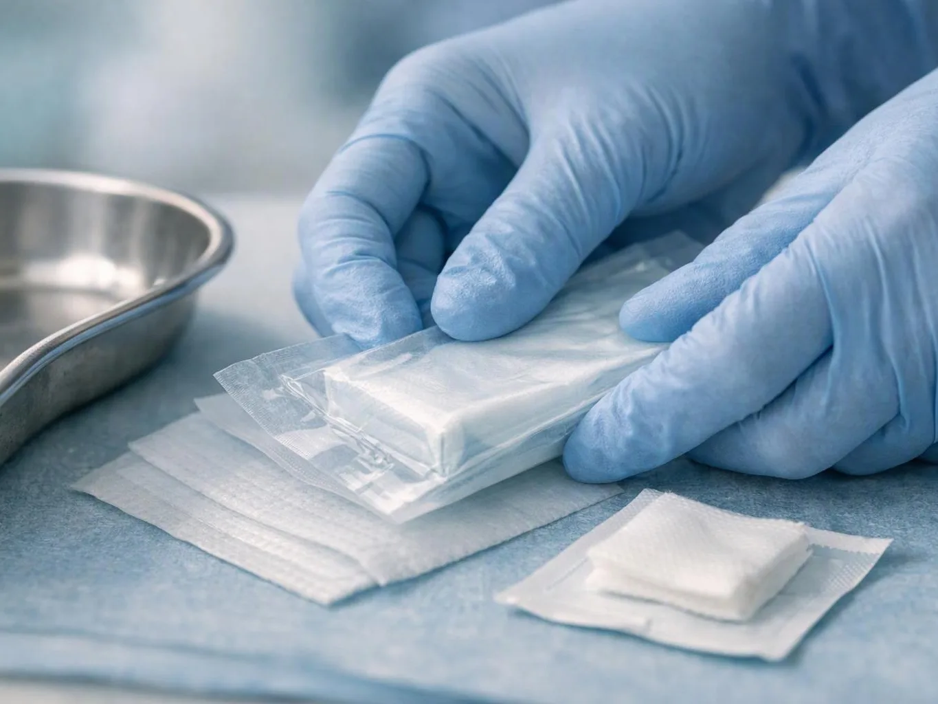 Gloved hands arrange a sealed medical packet beside sterile gauze on a blue tray