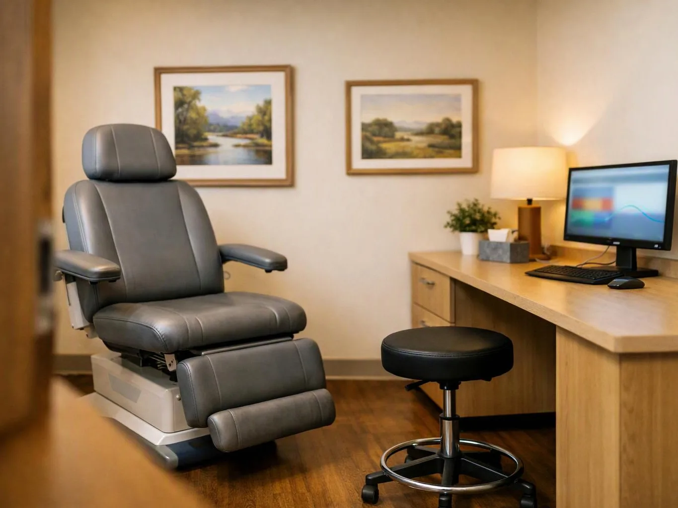 A gray exam chair sits beside a wooden desk with a computer, lamp, and stool in a tidy room