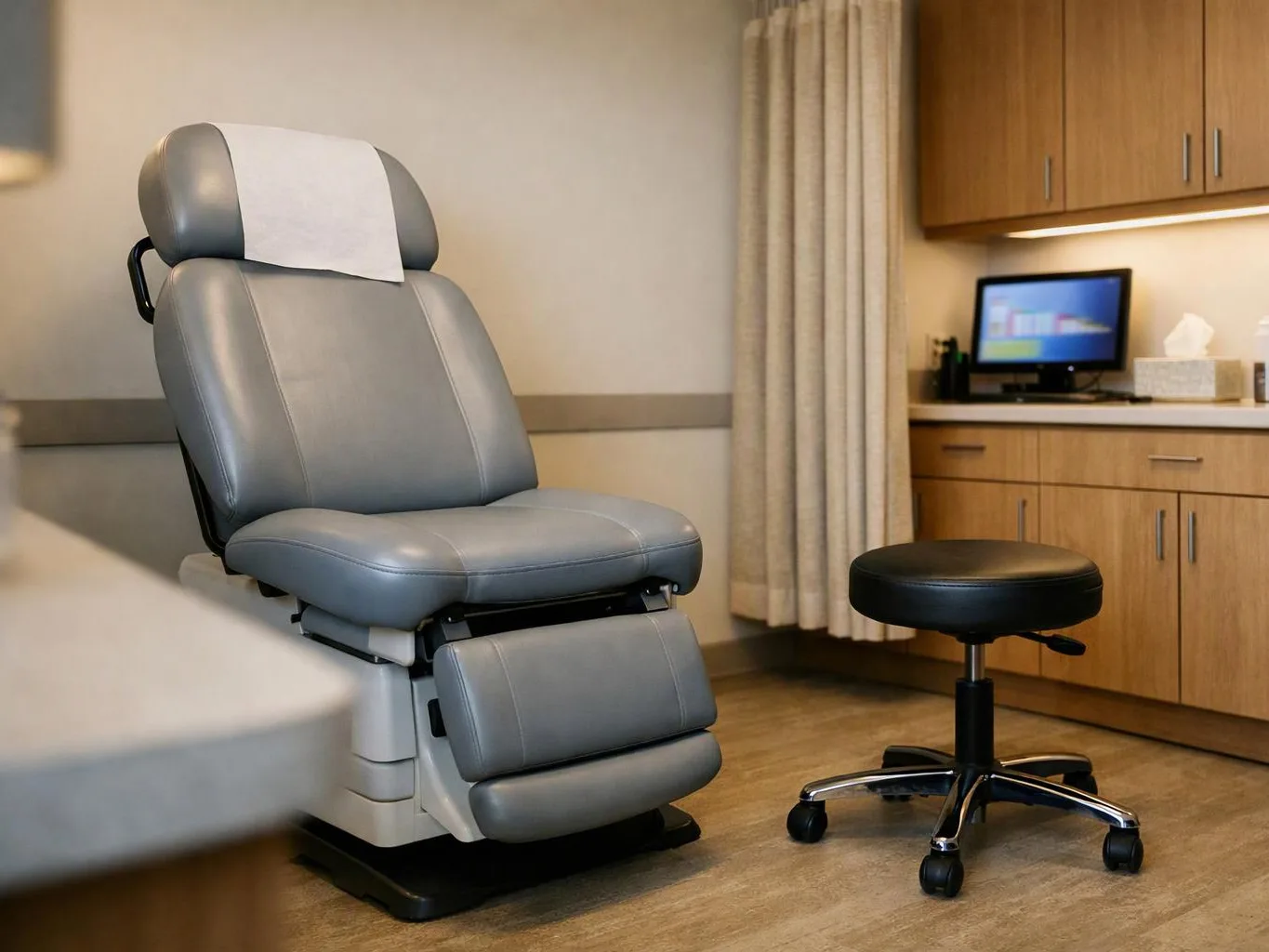A gray padded medical exam chair sits beside a rolling stool in a clean treatment room