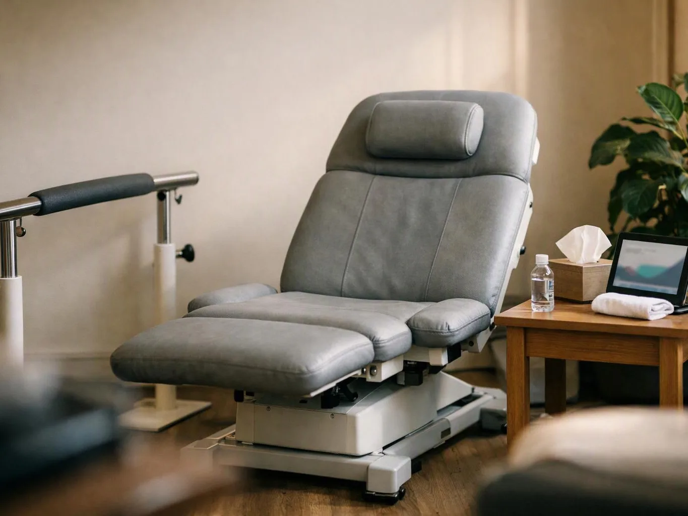 A gray reclining treatment chair sits beside a wooden table with tissues, a water bottle, and a tablet in a calm room