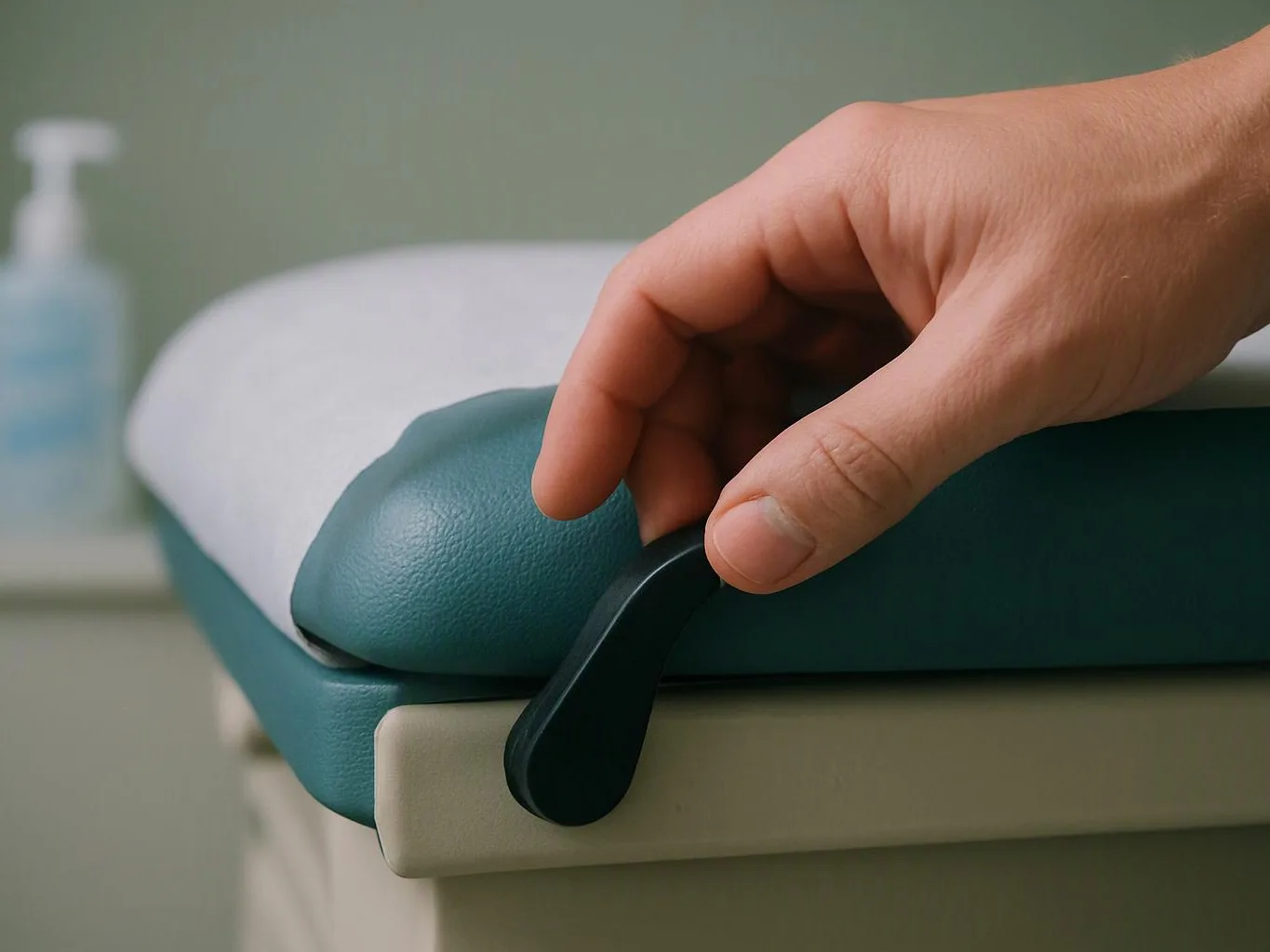 A hand adjusts the side lever of a padded examination table in a clinical room