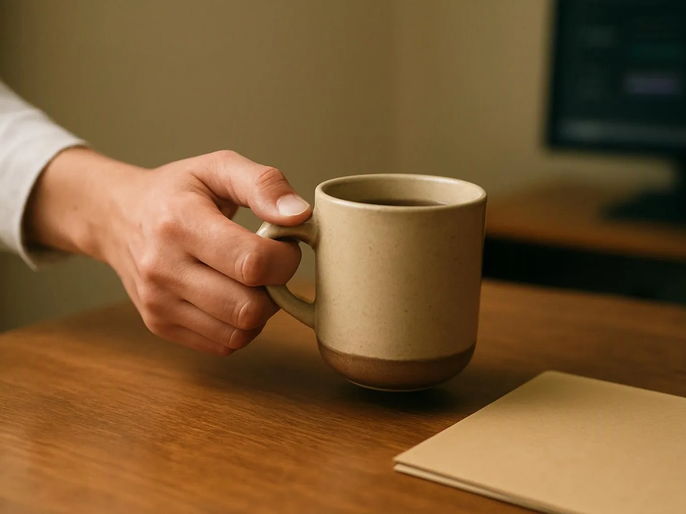 A hand holds a beige ceramic mug over a wooden desk beside a blank notepad