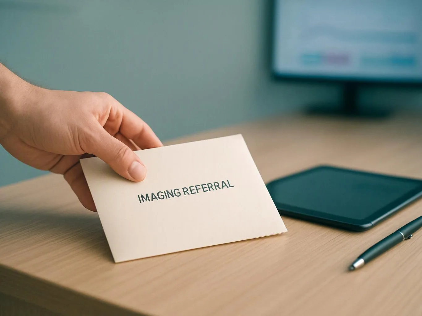 A hand holds a card reading "IMAGING REFERRAL" beside a tablet and pen on a desk