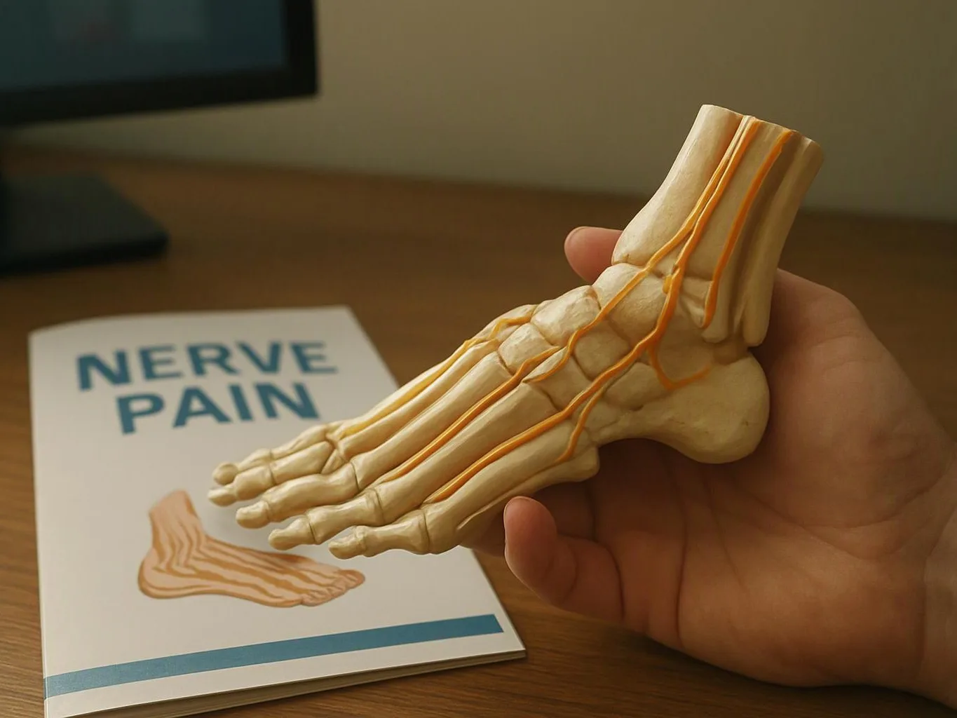 A hand holds a foot skeleton model beside a booklet labeled “NERVE PAIN” on a desk