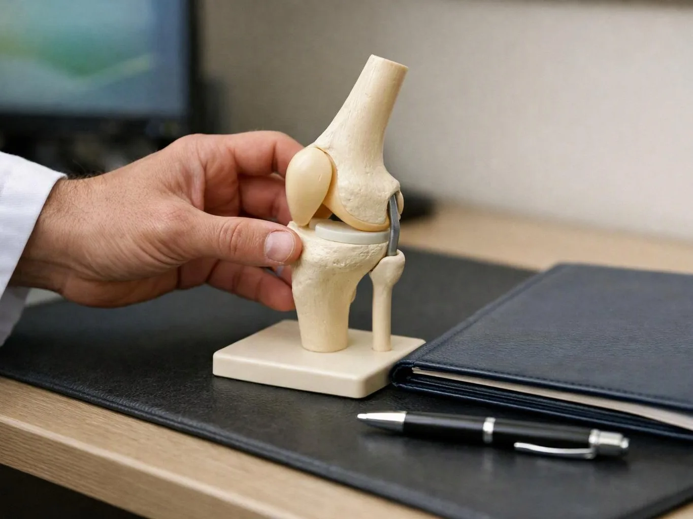 A hand holds a knee joint model on a desk beside a notebook and pen