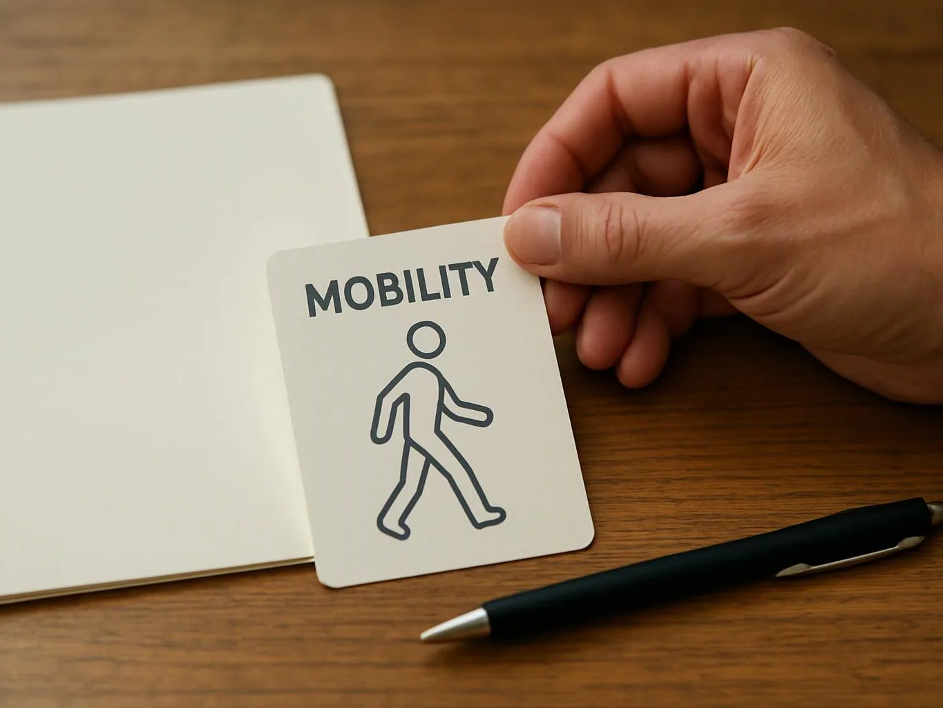 A hand holds a mobility card over an open notebook on a wooden desk, with a pen nearby