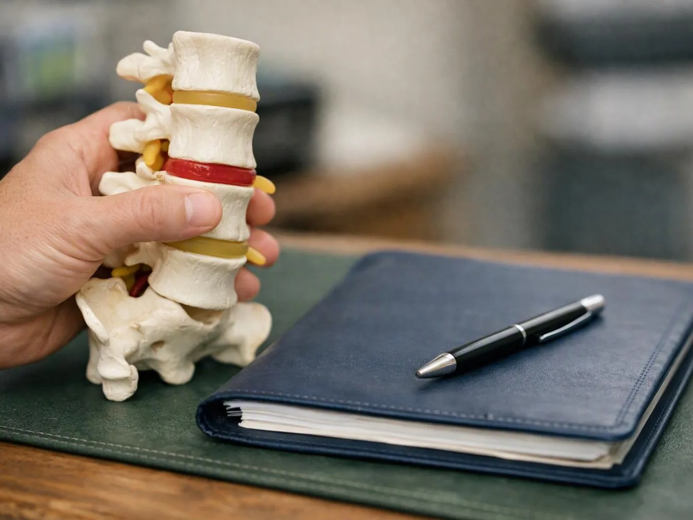 A hand holds a plastic spine model beside a closed notebook and pen on a desk