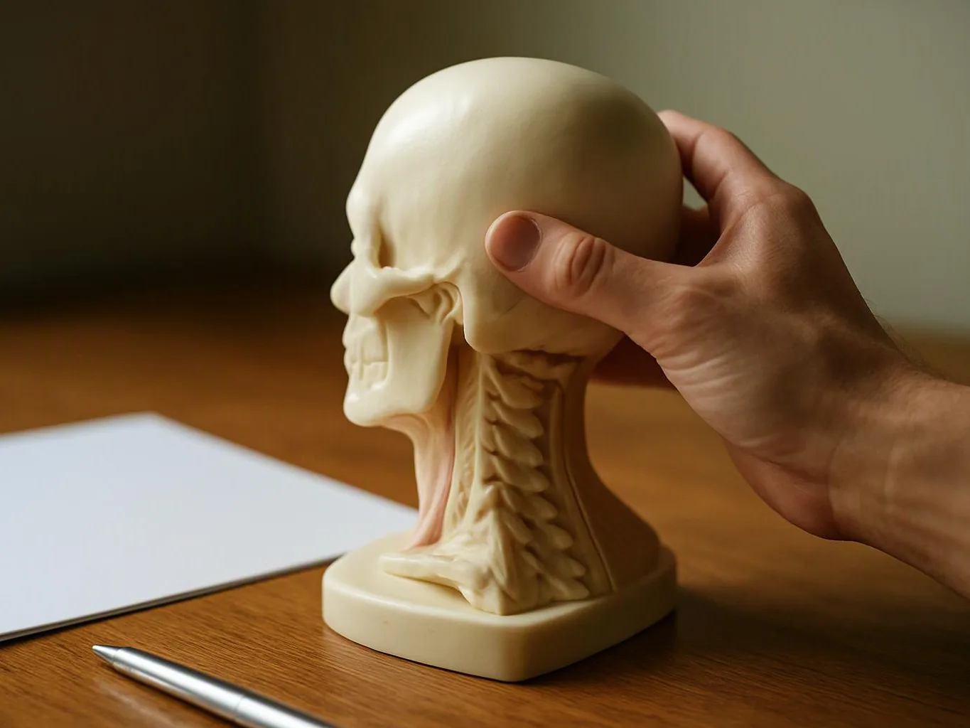 A hand holds a skull-and-neck anatomy model on a wooden table beside a blank sheet of paper and pen