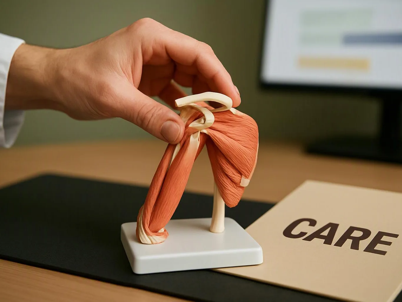 A hand holds a small anatomical shoulder muscle model beside a card reading “CARE”