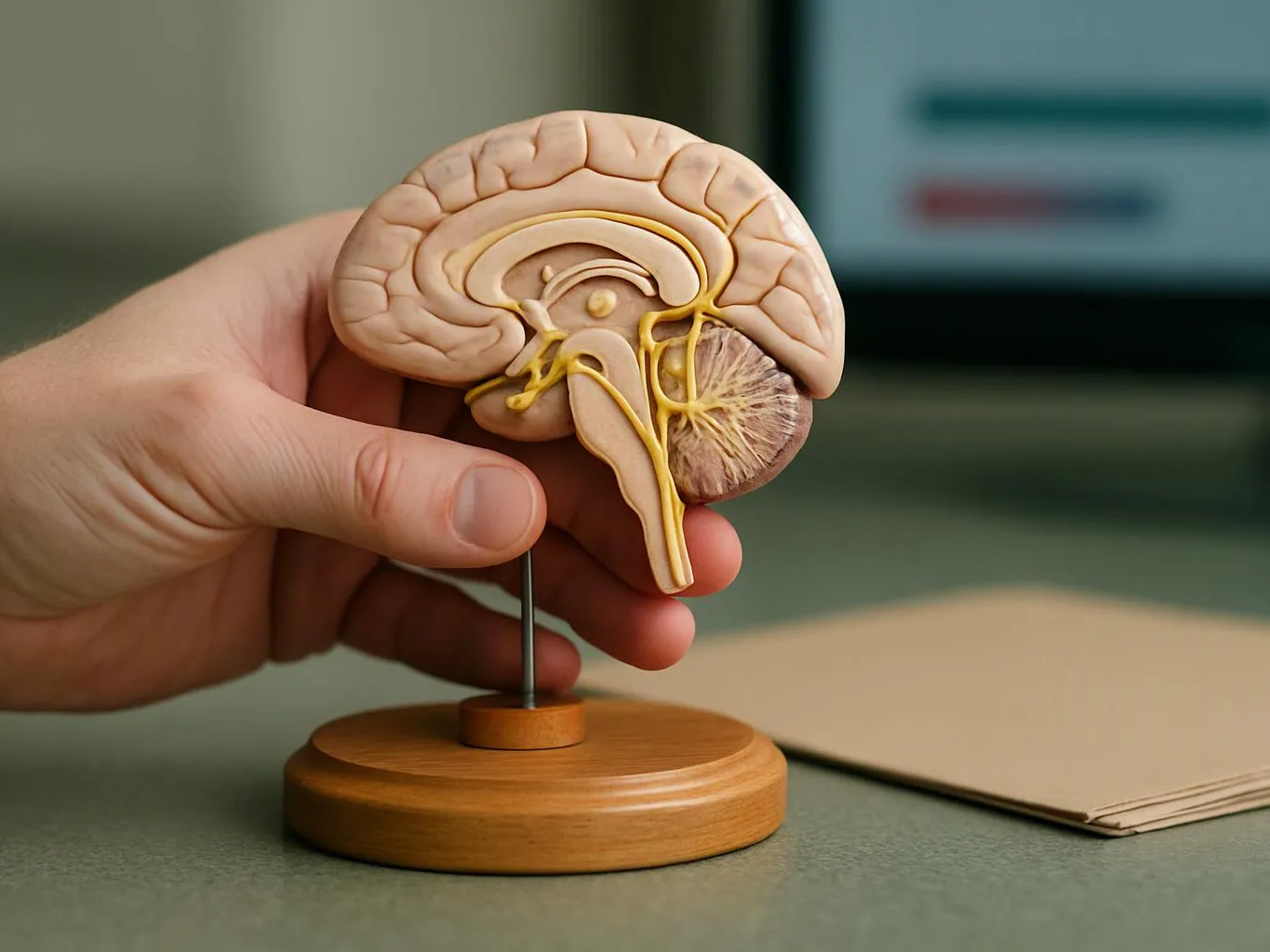 A hand holds a small brain anatomy model on a wooden stand beside a blank notebook