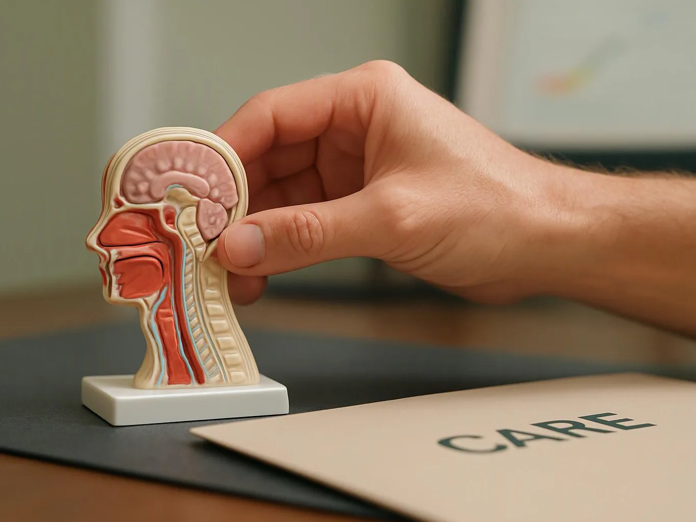 A hand holds a small cross-section head model beside a folder labeled “CARE” on a desk