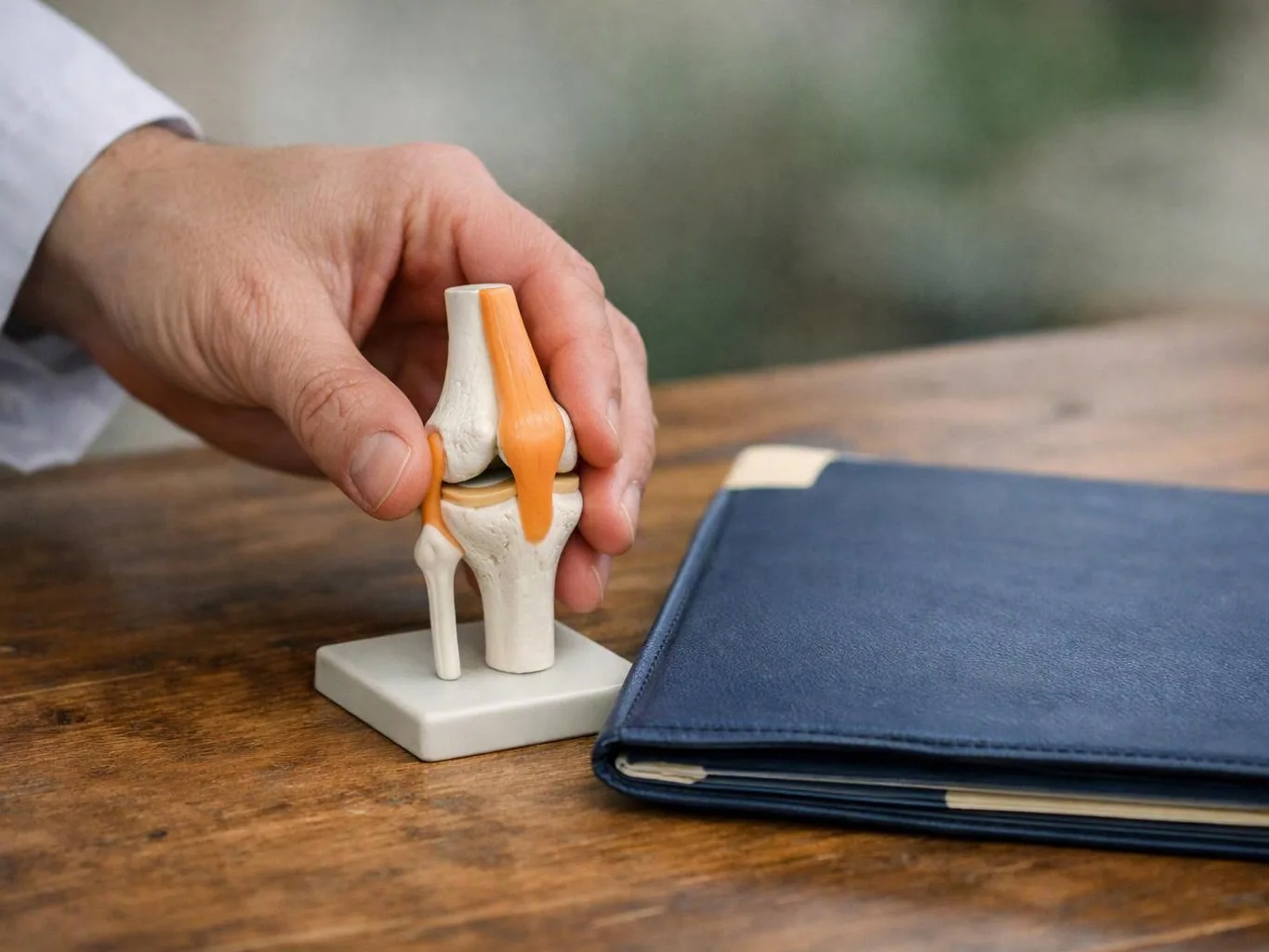 A hand holds a small knee joint model beside a blue folder on a wooden table