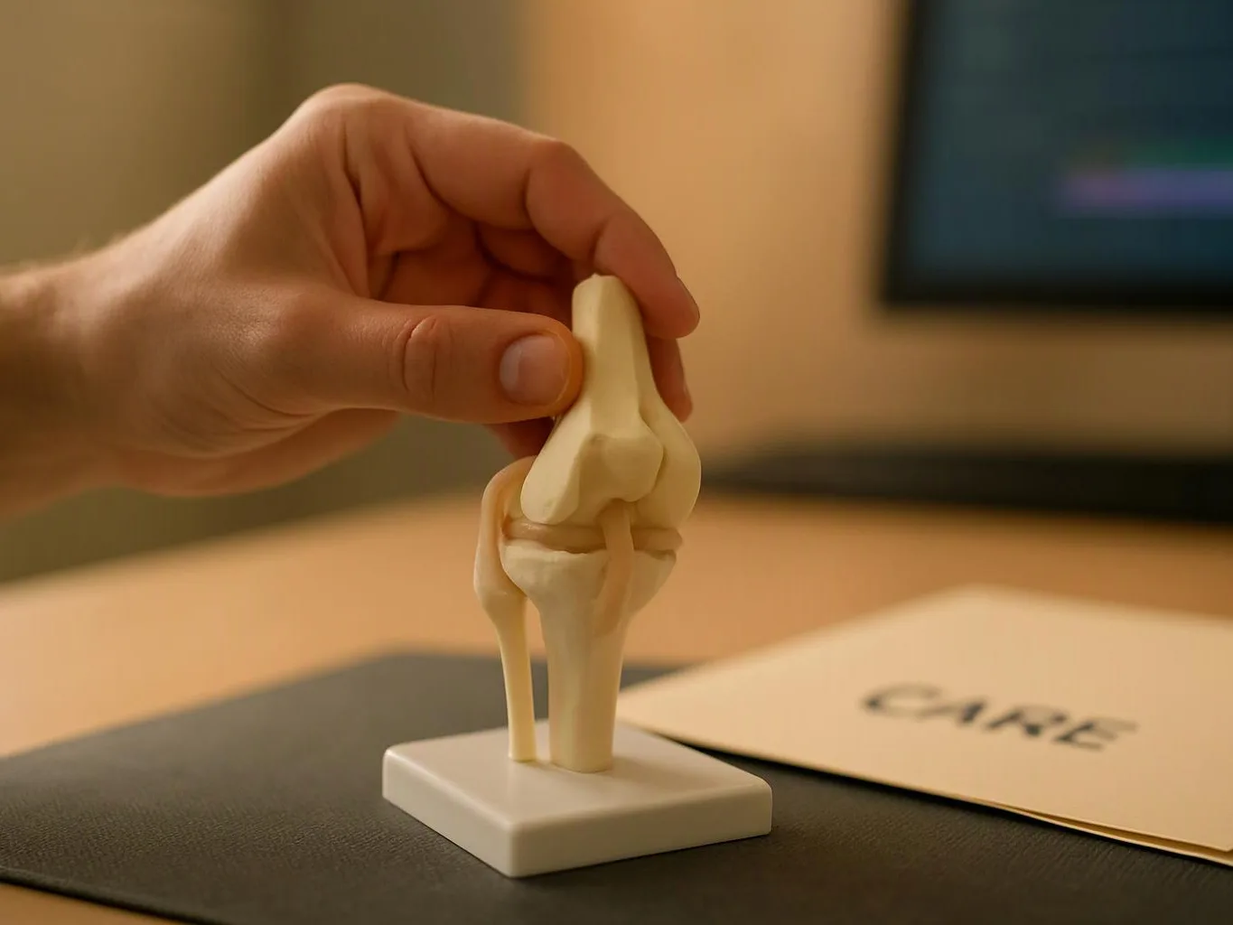A hand holds a small knee joint model beside a card on a table in a warm office setting