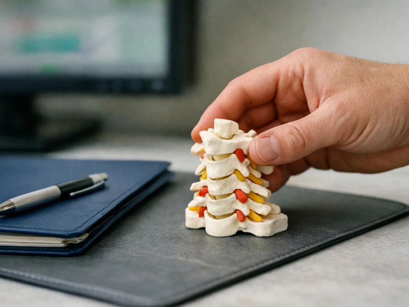 A hand holds a small model of stacked spine vertebrae on a desk beside a notebook and pen