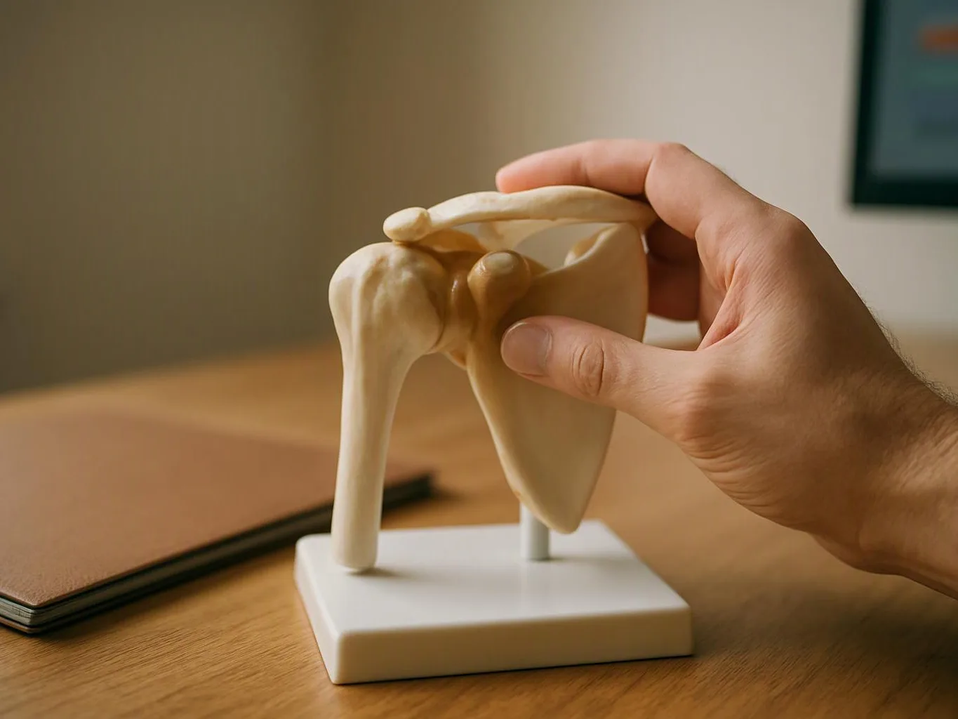A hand holds a small shoulder joint model on a desk beside a closed notebook